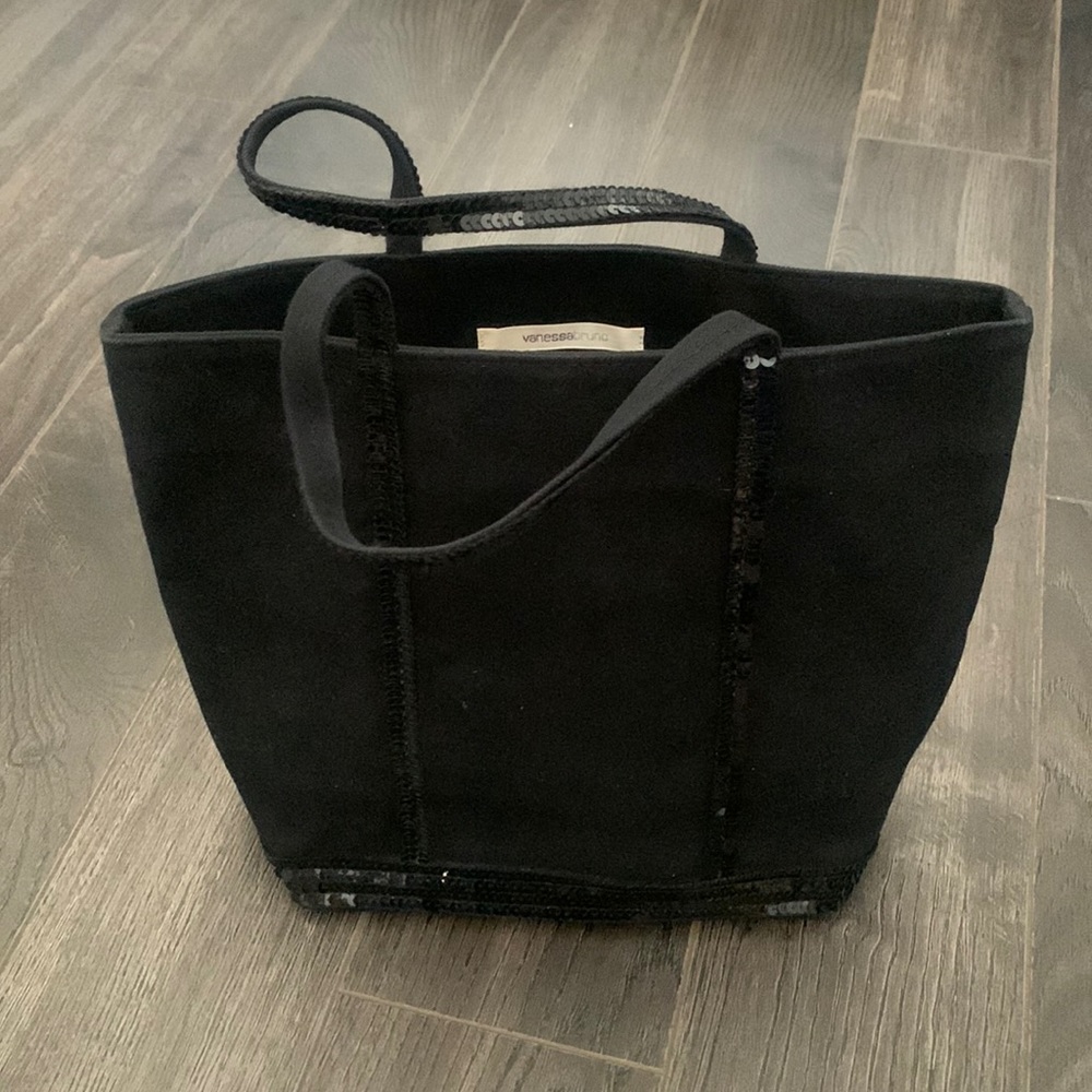 Vanessa Bruno small black canvas black sequin Cabas tote. Made in France